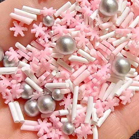 Polymer Clay - Pink Snowflakes, Confetti & Silver Pearls
